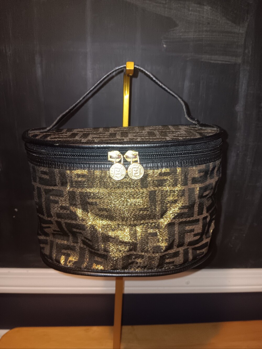Fendi FF Rare Vintage Metallic Gold Zucca Canvas Vanity Bag